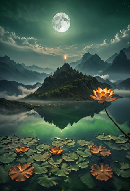 Majestic fortress in the clouds, sparkling lake, majestic mountain peaks emerging from the fog, vibrant colors, reflective water surface, green plain, sunset, super detailed, warm orange and black tones creating a beautiful glow, cinematic lighting, fog, sparkling fog, moonlight, sky, many stars in the sky, water reflections of the night sky, lotus floating on water with a candle, flower petals in the water, moon in the sky. highly detailed and hyper realistic photo, by Alena Aenami , by Archibald Thorburn , by Daniele Afferni , in the style of  monochromatic silhouette reflection,  limited dark palette, unusual dark colors, faded colors, atmospheric haze, highly dramatic cinematic lighting, motion blur, film grain,  professional, excellent composition, finest details, maximized details, ultimate detail level, masterpiece, best quality