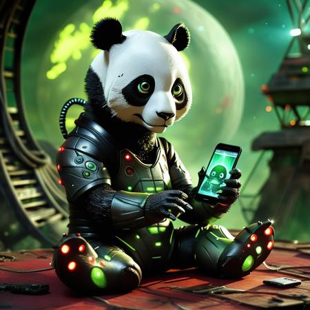 alienworld, A realistic panda wearing a alien extraterrestrial mask. The panda is holding a smartphone standing in front a alien ship
