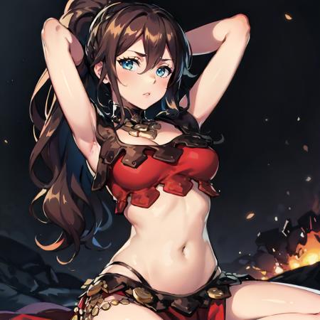 primrose, ponytail, jewelry, revealing clothes, navel