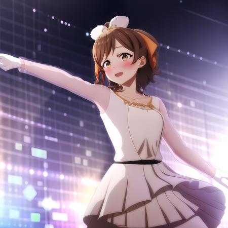 high quality, best quality, masterpiece, absurdres, miyama suzune, idol, 1girl, stage, blush,  <lora:suzune-000003:0.75>, white_background, light_particles, daning, midshot