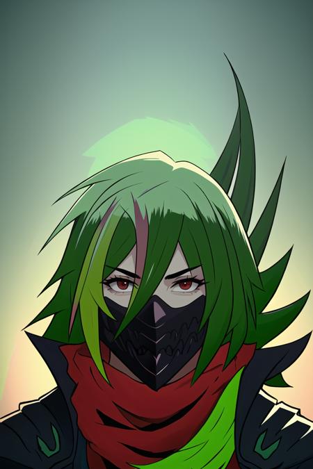 (masterpiece, top quality, best quality, beautiful, and aesthetic:1.2) portrait shot, vo1k, 1boy, posing, male, looking at viewer, mask, red eyes, green hair, multicolored hair, <lora:vo1k-000009:.9>