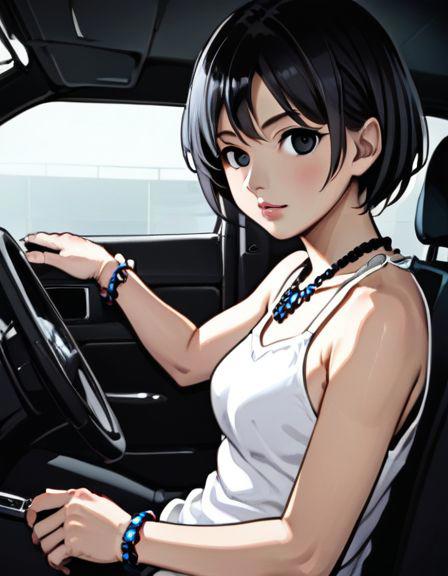 aoi tsukasa, 1girl, solo,  bracelet, jewelry, realistic, black short hair, black eyes, ultra pose
inside a car , (body shot)
(<lora:Aoi_Tsukasa:1> Aoi Tsukasa),
parted lips, (black room background:1),