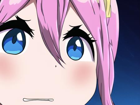 <lora:gununu-000010:1>, kagamihara nadeshiko, yurucamp, gunuaki, 1girl, blue eyes, clenched teeth, close-up, parody, pink hair, simple background, teeth