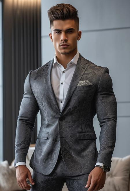 a strong 22-year-old brazillian hunk bodybuilder male, with a fringe up undercut hairstyle, detailed face, mindless expression,  wearing a skin tight dark-gray suit with silver patterns, wearing pants,  on a modern living room, standing at attention pose, looking at viewer, portrait, photography, detailed skin, realistic, photo-realistic, 8k, highly detailed, full length frame, High detail RAW color art, diffused soft lighting, shallow depth of field, sharp focus, hyperrealism, cinematic lighting
