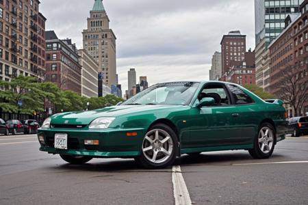 PRELUDE, in new york city, wide-angle, masterpiece, award winning, parked on a road, buildings in background, natural lighting, cloudy skies, urban, sharp focus, smooth, intricate details, 8k wallpaper, trending on artstation <lora:PRELUDE:0.8>