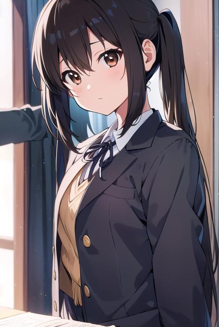 azusanakano, <lyco:azusanakano-LYCORIStest:1>,
azusa nakano, (black hair:1.5), (brown eyes:1.7), long hair, twintails, (flat chest:1.2),
BREAK sakuragaoka high school uniform, school uniform, uniform,
BREAK looking at viewer,
BREAK indoors, classroom,
BREAK <lora:GoodHands-vanilla:1>, (masterpiece:1.2), best quality, high resolution, unity 8k wallpaper, (illustration:0.8), (beautiful detailed eyes:1.6), extremely detailed face, perfect lighting, extremely detailed CG, (perfect hands, perfect anatomy),