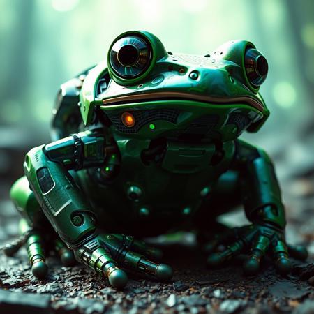 Cybertronic Frog, Robotic Huge Frog, Green and Blue Coloring, Futuristic Sheen, Cinematic View, Massive Experimental Radioactive Frog, High Quality, Sharp Contrast, Melting into Foreground Fragmented Energy, Frog of Mechanical Futuristic, Cinematic View, Grandiose