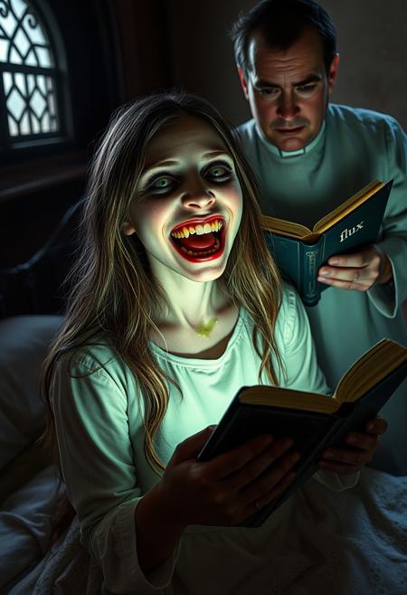Megan the girl from exorcist, possessed by demonic soul, horrible face,demonic eyes,head turned a 180 degres,smiling with horrible face,yellow tooth,green puke,scaring face,on a bed,priest in priest uniform is standing near her trying to purify her devil soul,he is handling a big book called "flux" on one hand and on the second hand a big detailed computer graphic card nvidia 4090,background room from exorcist film ,strange glowing aura,scary
