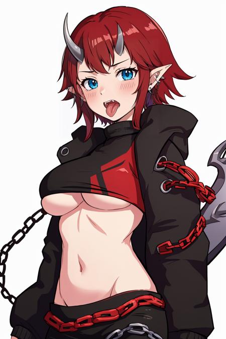 masterpiece, best quality, 1girl, <lora:RyugasakiRene1stCv1-000080:1>, 1stC, 1girl, tail, large_breasts, pants, looking_at_viewer, simple_background, open_mouth, underboob, demon_tail, cowboy_shot, white_background,  black_pants, red_chain, navel,  blush, tongue, demon_horns, pointy_ears, ear_piercing