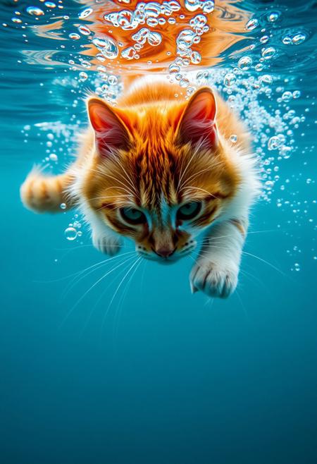 (Soft Lighting Photography by Mimoza Veliu and Mario Giacomelli:1.2), an underwater photograph of a charming orange and white domestic longhair cat diving into the ocean, captured in a high-speed shot that freezes the moment she breaks the surface. The scene is bathed in natural light, with intricate bubbles and ripples forming around.