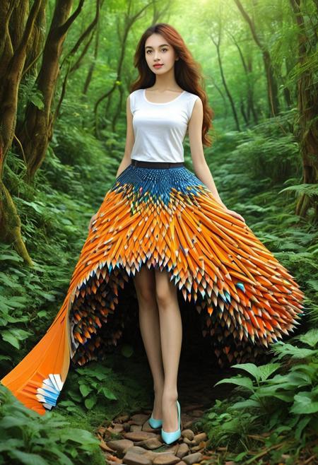 realistic photography of a beautiful Lady her skirt is made of pencil, magical fairytale landscape, elaborate fantasy style art, white and orange theme, intricate details, ultra sharp, exquisite detail, flawless composition, vivid colors, masterpiece, exciting background , four legs,<lora:Pencil_morph_style:1>, shuidi