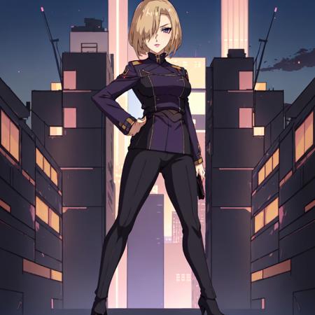 Rin_Suzukaze, 1girl, solo, short hair, purple eyes, blonde hair, hair over one eye, uniform, military uniform, makeup, lipstick, pink lips, high heels, black shoes,black skirt,bare legs,pencil skirt