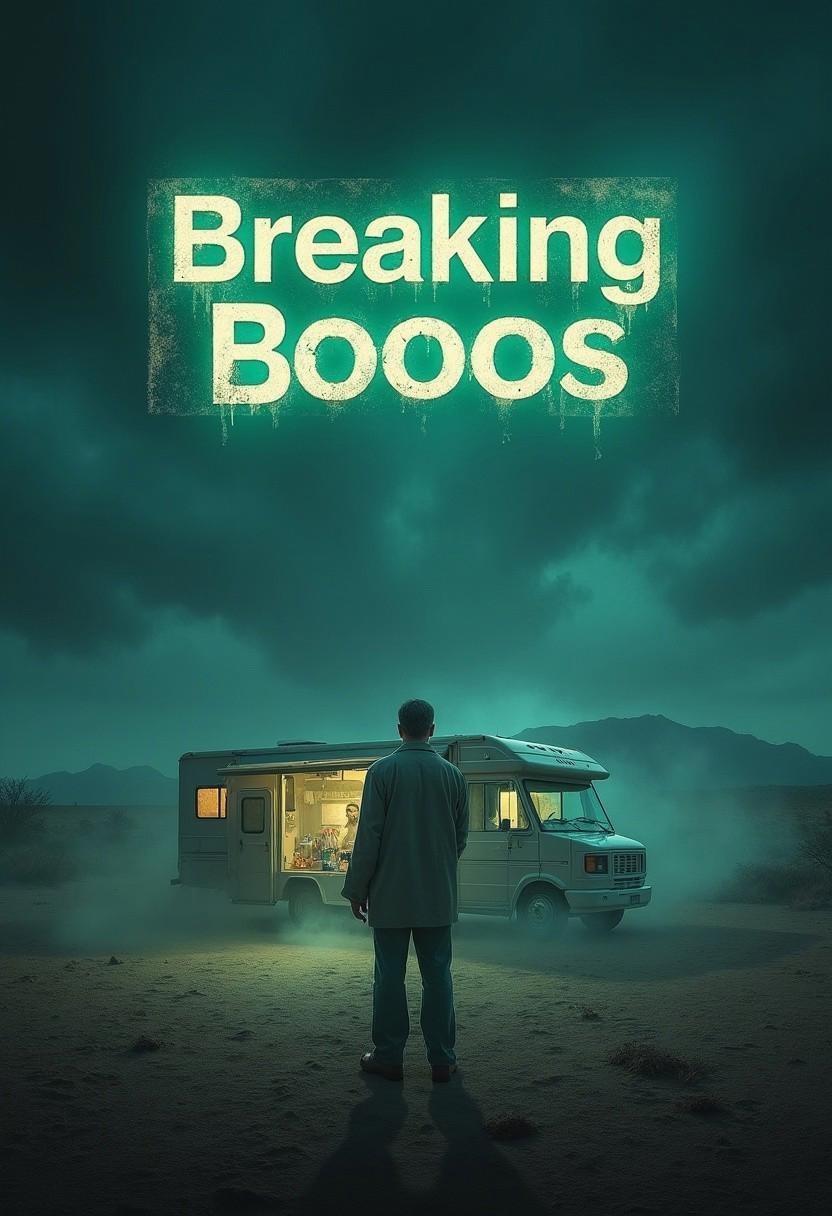 Create an image of a movie poster, movie title above "Breaking Booooos", Walter White in focus, haunted meth lab, ghostly figures, eerie desert, spooky chemistry, dark skies, ominous mood, abandoned RV