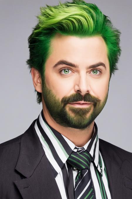 Beetlejuice Slime Tutorial,  1boy,  beard,  collared shirt,  facial hair,  formal,  green eyes,  green hair,  head tilt,  jacket,  looking at viewer,  male focus,  mustache,  necktie,  realistic,  shirt,  simple background,  solo,  striped,  striped shirt,  suit,  upper body,  white background, <lora:EMS-61574-EMS:0.400000>