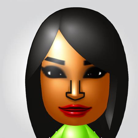 mii, wii sports, wii, black hair, black eyes, red lips, lipstick, black eyeshadow, light green clothing, black pants, shoes, breasts, female mii, 1girl, cute, Shu-Hui_(\Wii_Sports\), Nintendo Mii, modern_mii, classic_mii, dark skin, dark skin female