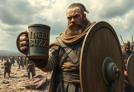 A detailed and realistic scene of a battle-hardened ancient warrior, dressed in traditional armor with a worn, rugged look. The warrior is standing in a desolate battlefield, holding a shield in one hand and a large stone mug in the other. The mug has the words 'I NEED BUZZ!' engraved in ancient, weathered letters. The warrior’s face shows exhaustion, with dirt and scars, yet there’s a determined expression as if he's ready for another fight. Around him, other warriors are resting or preparing for battle, and the sky is cloudy, casting a dramatic atmosphere over the scene.