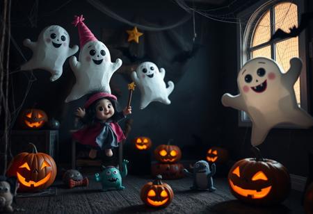 In a dimly - lit Halloween room, there are cute plush toys that look like ghosts floating in the air. A little witch with a pink pointed hat and a big smile is waving her star - tipped wand, casting some harmless yet spooky spells. There are also small, friendly - looking monsters with big eyes and goofy teeth, jumping around playfully. Cobwebs adorn the corners, and a few real - looking fake bats are hanging from the ceiling. Jack - o' - lanterns with silly faces are scattered about, their warm glow adding a touch of coziness to this otherwise eerie scene.