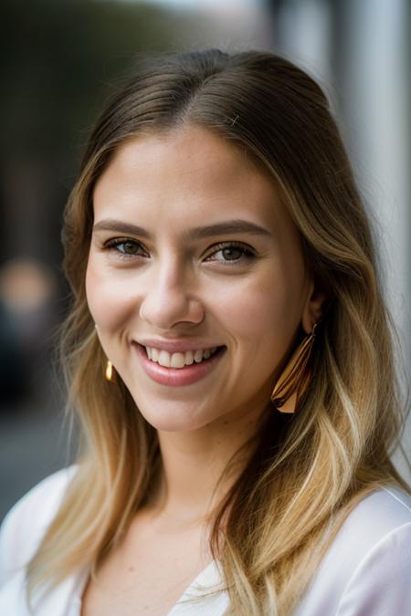 Realistic photo of a beautiful sc4rl3ttj-v2 woman,  1girl, solo, long hair, looking at viewer, smile, simple background, (((blonde hair))), jewelry, earrings, teeth, grin, lips, gem, portrait, realistic, soft lighting, professional Photography, Photorealistic, detailed, RAW, analog, sharp focus, 8k, HD, DSLR, high quality, Fujifilm XT3, film grain, award winning, masterpiece<lora:sc4rl3ttj-v2:1.0>