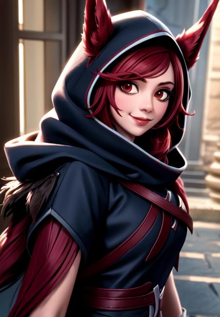 sfw, <lora:xayah:0.8>, xayah, hood, 1girl, solo, smile,, (masterpiece, best quality, absurdres, detailed, ultra-detailed:1.3), beautiful