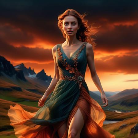 Ultra realistic color pencil  image a beautiful woman running through the Scottish highlands in a very long flowing cocktail dress, in the sunset,
BREAK
Deep dark intense dark orange-brown misty background, Dark theme, dynamic lighting, (soft shadows), (soft focus), (photo realistic), uhd, 8k