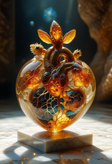 improved cinematic photo, 35mm photograph, film, professional, 4k, highly detailed, with Persian patterns, full of fractals
An amber fragment enclosing a Human Heart,
The amber fragment is a smooth, slightly irregular sphere, roughly the size of a marble, with a warm golden-brown hue. Its surface is polished, gleaming softly under light, revealing a mesmerizing play of golden, honey, and orange tones. Tiny air bubbles and organic inclusions are scattered throughout, lending it a sense of antiquity and natural complexity.
Inside, a perfectly preserved Human Heart lies suspended in time, its delicate body encased in the translucent amber.
Around the Human Heart, subtle striations and minute organic fragments, possibly plant material or dust, create a vignette that frames the insect. The amber’s clarity varies in places, with some sections slightly cloudy, further accentuating the Human Heart as the focal point. The fragment feels timeless, a tiny time capsule offering a glimpse into a prehistoric world millions of years ago
 full of Persian patterns