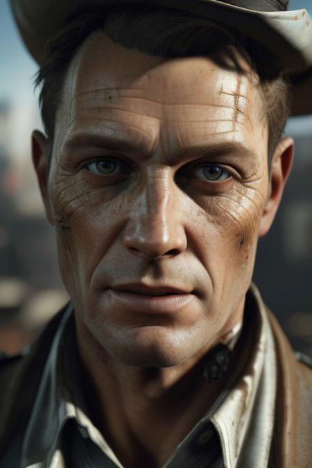 1boy, solo, Nick Valentine, (synthetic face), broken robert, handsome, mature, charming, alluring, upper body in frame, Fallout 4 location, cinematic lighting, perfect anatomy, perfect proportions, 8k, HQ, (best quality:1.2, hyperrealistic:1.2, photorealistic:1.2, madly detailed CG unity 8k wallpaper:1.2, masterpiece:1.3, madly detailed photo:1.2), (hyper-realistic lifelike texture:1.2, realistic eyes:1.2), high_resolution, perfect eye pupil, detailed eyes,  perfecteyes, dutch angle