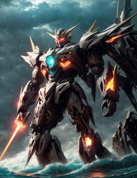 ((masterpiece)), (((best quality))), ((ultra-detailed)), ((illustration)), mecha,sunrise,sunlight,ocean,fire cloud,((night)),((dark)),dynamic angle,red,gold body, red eyes,cowboy shot, ((solo)), mecha, looking at viewer,standing, weapon,v-fin,(from side), mechanical head, Cannon,glowing, spikes, ,realistic,rim light, (Moody Lighting:1.2), ((Volumetric Lighting:1.2)),dark,((strong Lighting:1.4)),glowing eyes, ((standing on sea:1.2)), ((rain)),((broken)), ,aqua