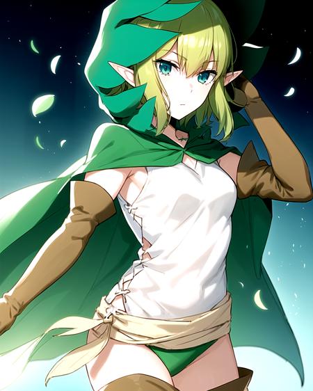 masterpiece,best quality,anime,2d,detailed face,
<lora:Ryuu30:1>
1girl, solo, gloves, thigh boots, pointy ears, green hair, hood, elf, blue eyes,boots, elbow gloves, cape, short hair,medium breasts, cloak, green hair,green_underwear,white shirt, cowboy shot,