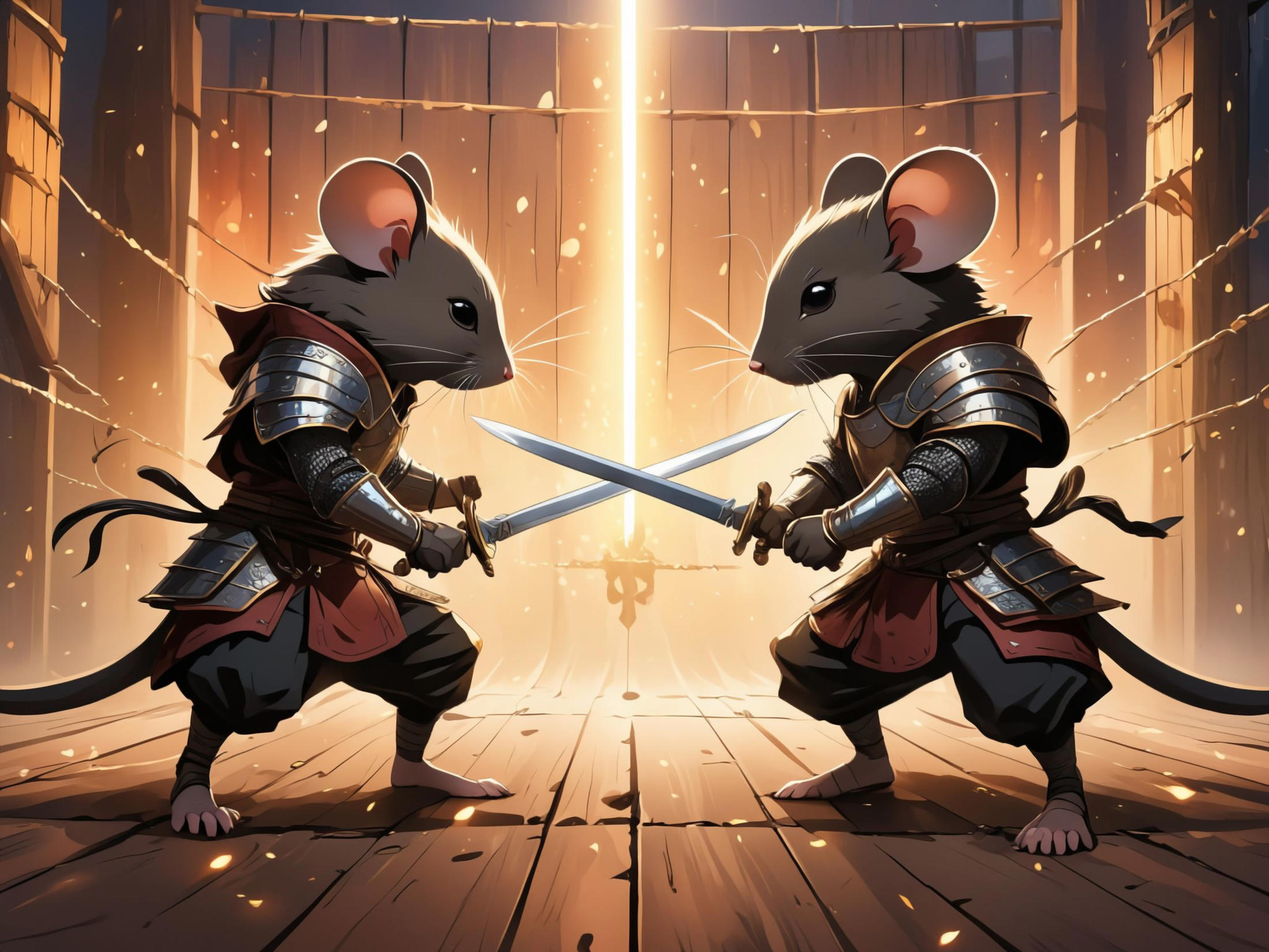 Two mice dressed in armor, holding swords and facing each other.