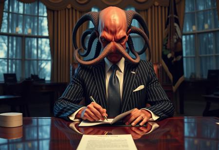 president cthulu in a sharp pin striped suit posing for presidential portrait in the oval office, real photograph, signing bill, ominous darkness
