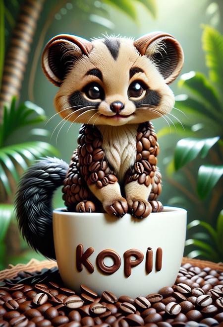 masterpiece, (best quality:1.4), (absurdres:1.2), (ultra-detailed:1.3), (high resolution:1.3), (sharp focus:1.2), (clean lines:1.1), (intricate details:1.2), (realistic shading:1.1), (detailed eyes:1.2),
coffee beans, Cute Animals page,
((("Kopi luwak" text logo)))
Anthro Cat sitting on toilet in jungle, 
(((Cute Asian palm civet))),zhibi,
  (dynamic pose:1.2), (dynamic angle:1.1), looking at viewer,
(epic scene:1.1), (bokeh:1.1), (depth of field:1.1), (realistic lighting:1.2), (vivid colors:1.1)