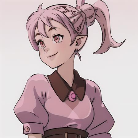 smiling, ((high resolution illustration)), ((extremely detailed)), (masterpiece), girl, (amity with pink hair bun and (brown shaved hair:1) and pointy ears), (Amity), big breasts, <lora:LuzandAmitySeason3:0.9>, simple background, (white background),