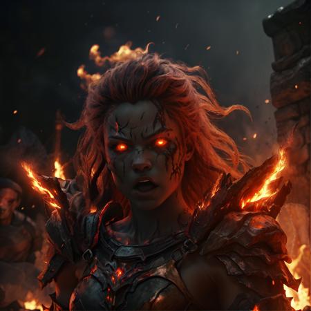 highly detailed cinematic photo of a fire giant, 
((1girl)), flaming eye, full armor, glowing eyes, molten rock, muscular,  orange hair, red hair, open mouth, holding weapon,

realistic, depth of field, blurry background,

medieval town,

photorealistic,
analogue photography,
low key lighting,
