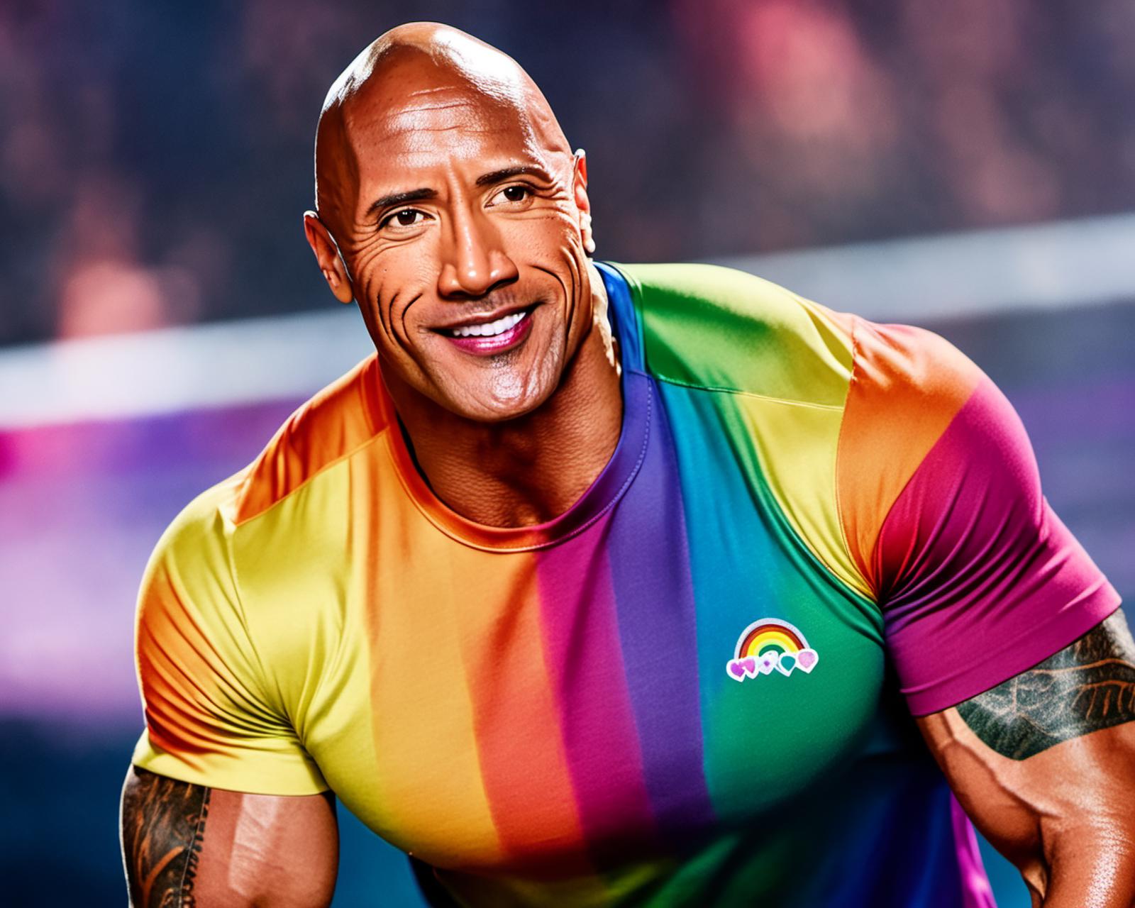 a photo of dwayne the_rock johnson wearing an LGBTQ+ rainbow shirt, realistic, photoreal, 8k, 4k, best quality, profession...