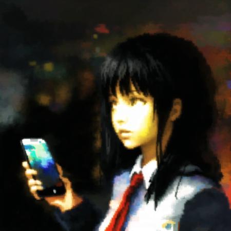 <lora:seleznev_trixel_art:1>, seleznev_trixel_art,  drawing, blur, pixelated, glitch, dithering, 1girl, black hair, brown eyes, cellphone, darkness, long hair, phone, school uniform