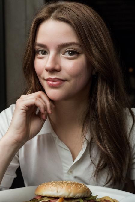 masterpiece, stunning closeup portrait photo of (atyj:1.0), sitting by the table, at a restaurant, burger on a plate, looking at camera, smiling   <lora:Anya-Taylor-Joy_Dogu2:1>