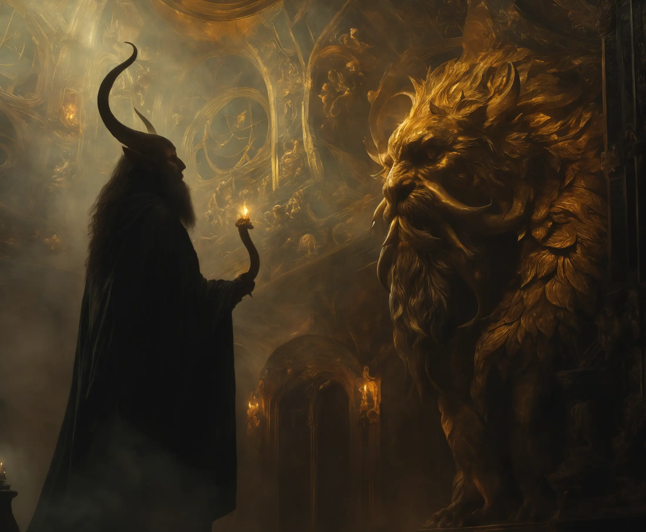 A horned figure with a long beard holds a torch facing a large statue. His hair is long and he is wearing long flowing robes. The statue resembles a lion with an imposing mane and scales on its body. The scene is set in a dimly lit, grand hall filled with ornate designs swirling in the background. 