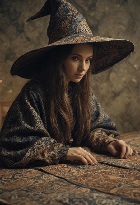 witch wearing hat and coat made out of batik fabrics on the table,
masterpiece, UHD, sharp and in focus. emotional, harmonious, vignette, highly detailed, high budget, bokeh, cinemascope, moody, epic, gorgeous, film grain, grainy