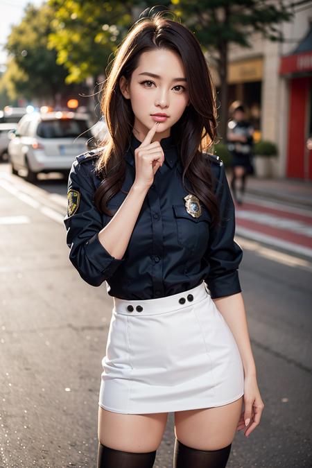 1girl,solo, parted lips,  police uniform,policewoman,pencil skirt,thighhighs ,street,outdoors, finger to mouth, looking at viewer,   long hair,realistic,
  <lora:LiQin2:0.5>