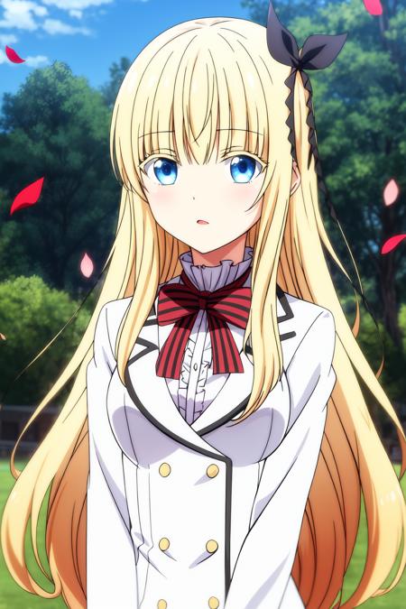  juliet_persia long hair, blonde hair, black ribbon, blue eyes, bangs twintails ponytails