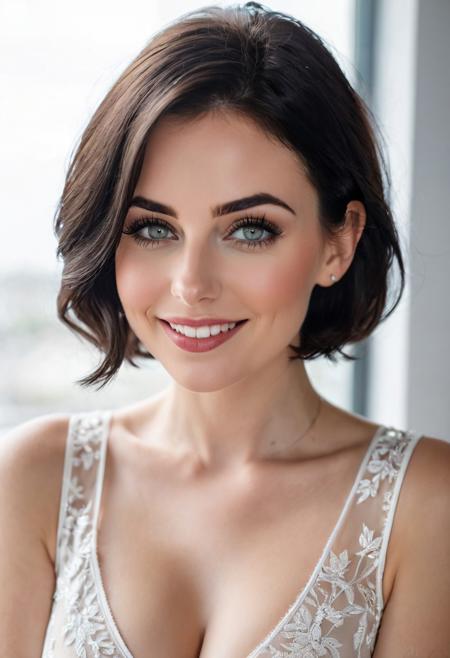 glamor shot, portrait, expressive eyes, perfect skin, perfect face, petite figure, sharp focus, detailed, high quality, high resolution, pretty wife, short dark hair, make-up, mascara, pale skin, smile, low-neckline sheer white blouse, perfect boobs (dark nipples showing through), ample cleavage,   natural light, white room,