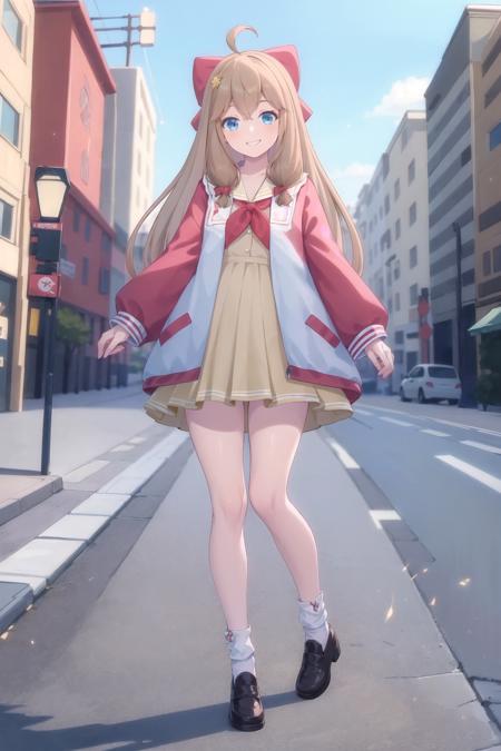 masterpiece, best quality, 1girl, solo, <lora:jiaranV11_0.85_V8_0.15:0.8>, jiaran, official dress, pink hair bow, brown hair, blue eyes, jacket, white socks, light smile, looking at viewer, full body, school