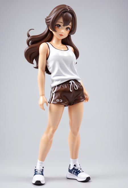 1girl, (asian:1.25) girl, figurine, anime style, dark brown hair, detailed hair, volume hair, radiant eyes, realistic, pretty face, detailed lips, glossy skin, simple background,  tank top, gym shorts, cute seakers, playful pose,
