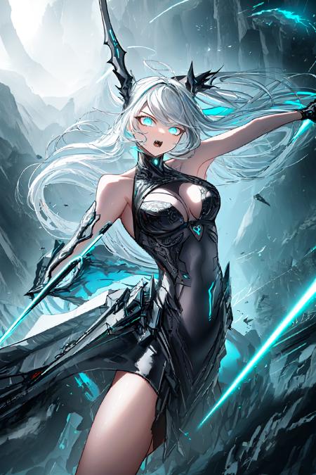 ((masterpiece)),((best quality)),8k,high detailed,ultra-detailed,intricate detail,((1girl)),(dynamic pose:1.2),(battle-ready:1.1),preparing for combat with a cool weapon,(fantasy),(intense atmosphere),(colorful:1.2),vibrant and energetic,(kawaii:1.1),(fierce expression:1.2),determined and focused,(sparkles:0.8),wielding a futuristic energy sword,(combat outfit:1.1),stylish and practical,(floating debris:1.2),debris flying around in the dynamic scene,(neon lights:1.1),urban background with glowing neon signs,(sci-fi:1.2),creating a powerful and stylish battle scene,<lora:XSLUA:1>,