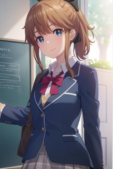 akatsukiminami, <lora:akatsuki minami s1-lora-nochekaiser:1>,
akatsuki minami, blue eyes, brown hair, ponytail, hair bow, sidelocks, black bow, smile,
BREAK shirt, school uniform, jacket, white shirt, necktie, collared shirt, blazer, red necktie, red skirt, skirt,
BREAK indoors, classroom,
BREAK looking at viewer, (cowboy shot:1.5),
BREAK <lyco:GoodHands-beta2:1>, (masterpiece:1.2), best quality, high resolution, unity 8k wallpaper, (illustration:0.8), (beautiful detailed eyes:1.6), extremely detailed face, perfect lighting, extremely detailed CG, (perfect hands, perfect anatomy),