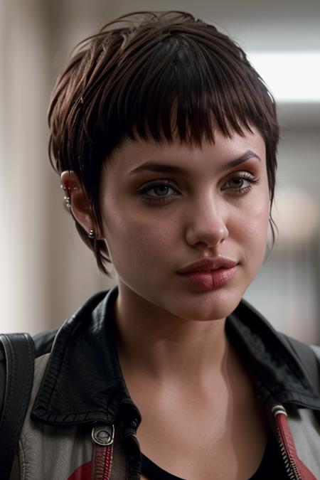 real, atmospheric scene, masterpiece, best quality, (detailed face, detail skin texture, ultra-detailed body),(cinematic light:1.1),
<lora:angelinajolie_hackers_lora_smf_01-000004:0.9>, 1girl, ang3l1na-ha3k3rs-smf, realistic, black hair, short hair, blurry, earrings, jewelry, ear piercing, solo, jacket, piercing, upper body, nose, teeth, lips, blurry background, shirt, parted lips, solo focus, depth of field, looking to the side