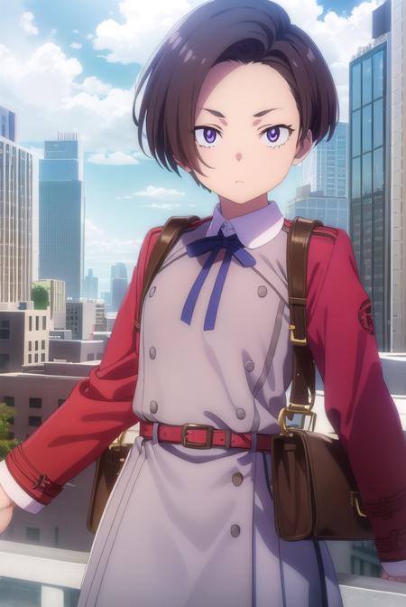 fuki harukawa, short hair, forehead, brown hair, (purple eyes:1.1), shirt, dress, ribbon, white shirt, pantyhose, collared shirt, belt, black pantyhose, neck ribbon, red dress, blue ribbon, pleated dress, grey dress, two-tone dress, red belt, lycoris uniform,