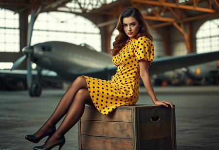 score_9, score_8_up, score_7_up,
RAW, masterpiece, full body, photorealistic, noir_style, 
1girl, beautiful young woman, 30 years old, brunette, long hair, wavy hair,sitting on a wooden crate in an old hangar,
1940's noir, elegant, Vargas girl,
Wearing yellow and black polka-dot 1940s dress with padded shoulders, nylon stockings, low heels.
looking at viewer, 
high details, highly detailed, sharp focus, beautifully detailed woman, detailed eyes and face
wearing 1940s style dress with padded shoulders
detailed background, 1940s airport hangar, 1940s era airplane