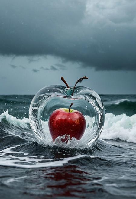 Stable_Yogis_PDXL_Positives
 Imagine a photograph capturing an extraordinary and surreal subject: a transparent apple, crystal clear and perfectly formed, revealing a highly detailed, tumultuous miniature sea raging within. The apple sits boldly in the center of the frame, its smooth, glass-like surface reflecting light and offering a window into the dynamic scene inside. Within, the stormy sea is a marvel of miniaturization - tiny waves crest and crash with realistic ferocity, and if one looks closely, minute flashes of lightning and swirls of wind can be discerned, adding to the tempest's drama. The background of the photo is intentionally simple, perhaps a soft, neutral color or a subtle gradient, ensuring that all attention is drawn to the striking contrast between the serene exterior of the apple and the wild, chaotic seascape it contains. The lighting is key, illuminating the apple in a way that highlights the intricate details of the storm inside while maintaining the overall clarity and impact of the image.