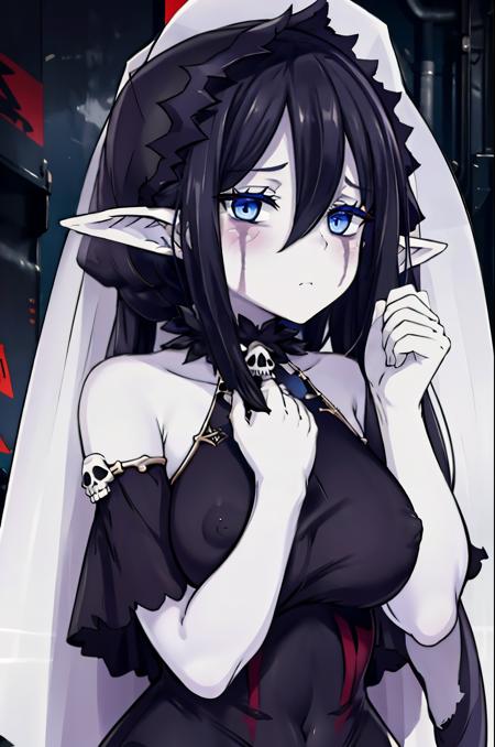 banshee, 1girl, pointy ears, breasts, black hair, hair ornament, long hair, hair between eyes, veil, skull, large breasts, dress, blue eyes, bare shoulders, black dress, colored skin, covered nipples, pale skin, colored skin, facial mark, pelvic curtain, tattoo, pubic tattoo, crossed arms, looking at viewer, cemetery background, night